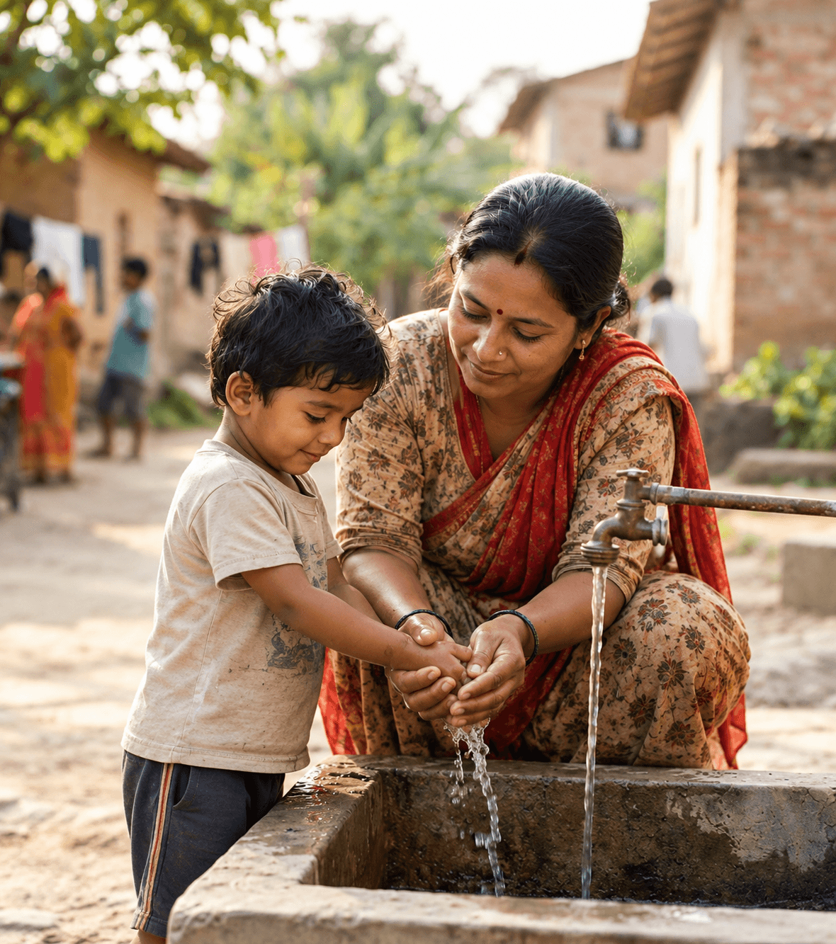 A mother helps her young son wash his hands at an outdoor tap.