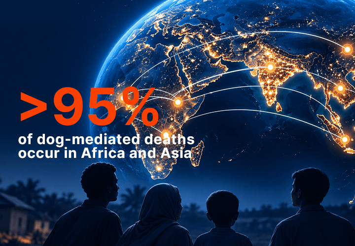 A family looking at a glowing globe. Over 95% of dog-mediated deaths occur in Africa and Asia.